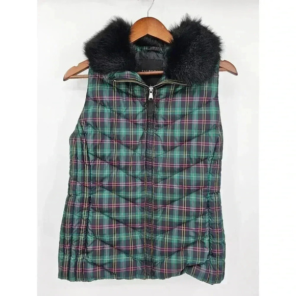 Talbots Women's Size S Tartan Plaid Puffer Vest w/Detachable Fur Collar - Picture 1 of 8